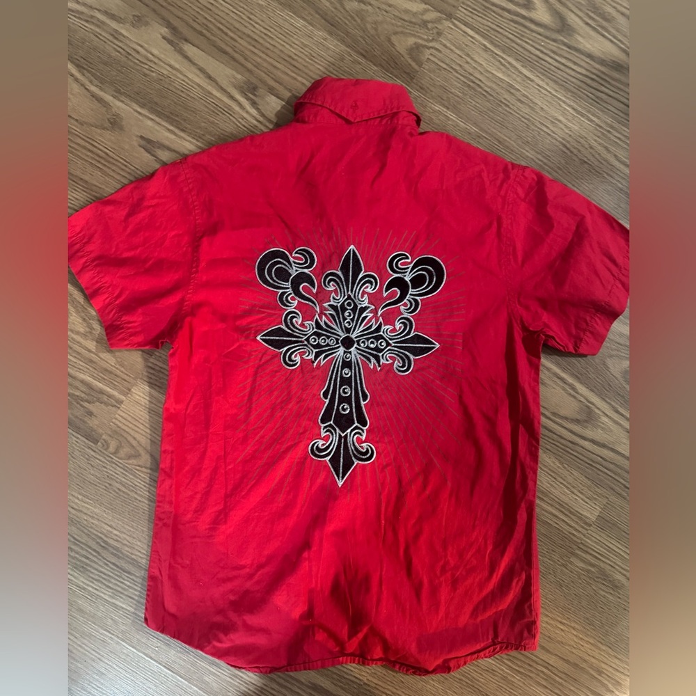 Men's Red Casual Button Down Shirt with Black Design